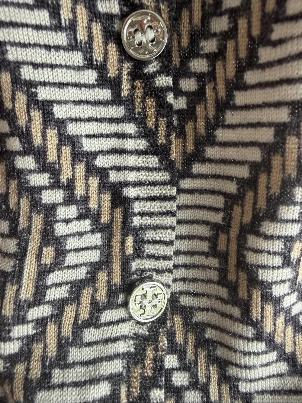 Tory Burch Button Up Cardigan Women’s Geometric  Sleeve Stretch 100% Wool Size:L